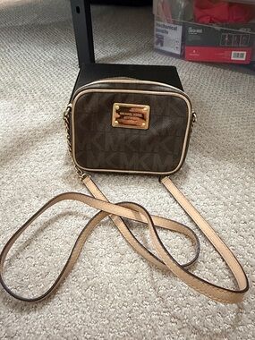 Michael Kors Brown Crossbody with Tan Trim and Gold Hardware